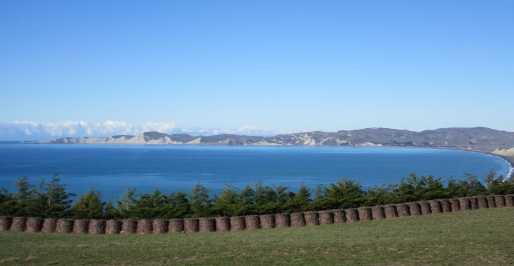 Cliford Bay with Cape Campbell at the far left and Lake Grassmere to the far right.